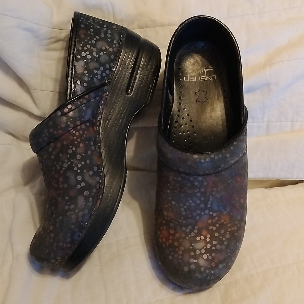 Dansko Black Multicolor Dot-Pattern Clogs